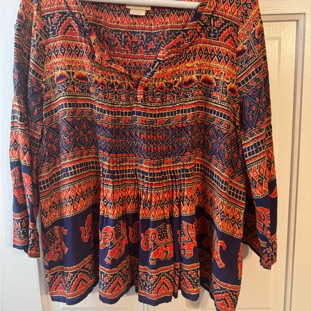 Vanessa Virginia Anthropologie Mahdia Peasant Top Boho Elephant Print Tunic Size